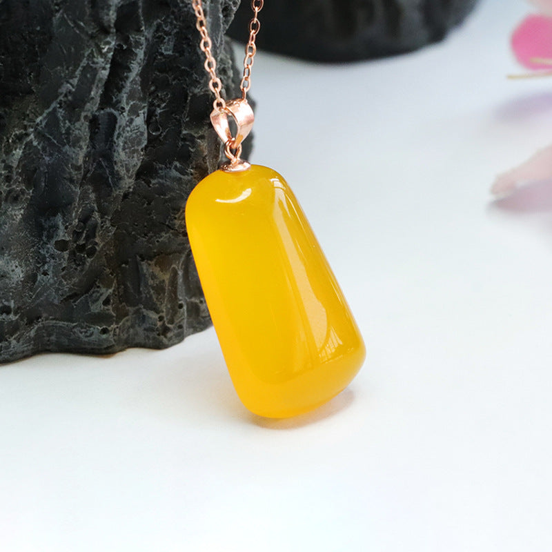 Sterling Silver Necklace with Yellow Chalcedony Trapezoid Pendant in Rose Gold