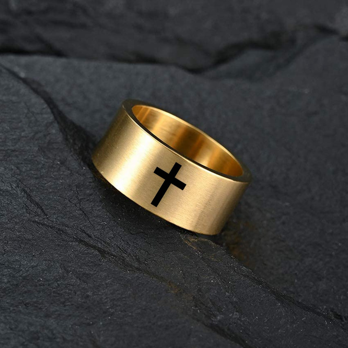 European American Titanium Steel Men's Cross Ring with Sand Face Brush Finish