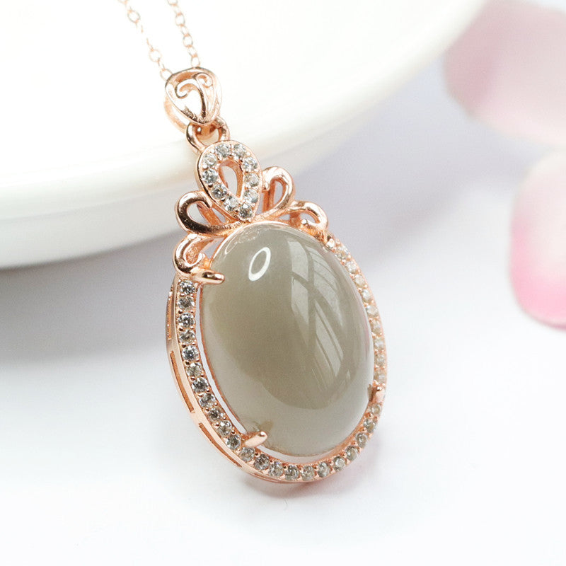 Sterling Silver Necklace with Hotan Jade and Zircon Gemstone