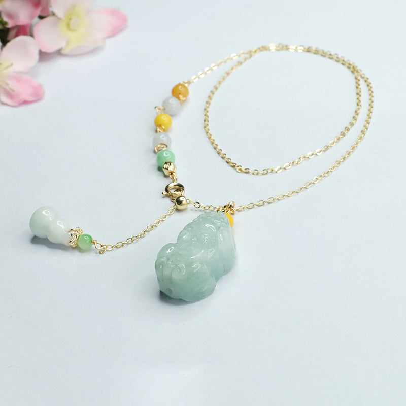 Fortune's Favor Sterling Silver Jade Pixiu Necklace with Gourd Three-color Bead Chain