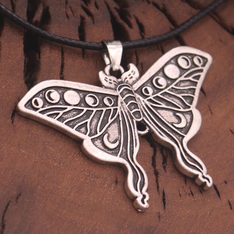 European and American Butterfly Skull Pendant Necklace with Moth Moon Totem