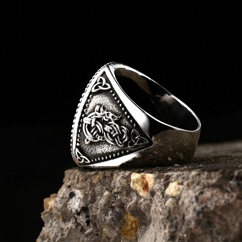 Nordic Wolf Head Titanium Steel Ring – Retro Viking Letter Jewelry for Men