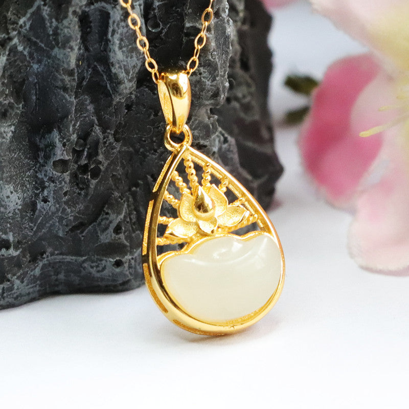 Sterling Silver Lotus Water Drop Necklace with Natural Hetian Jade Accent Piece