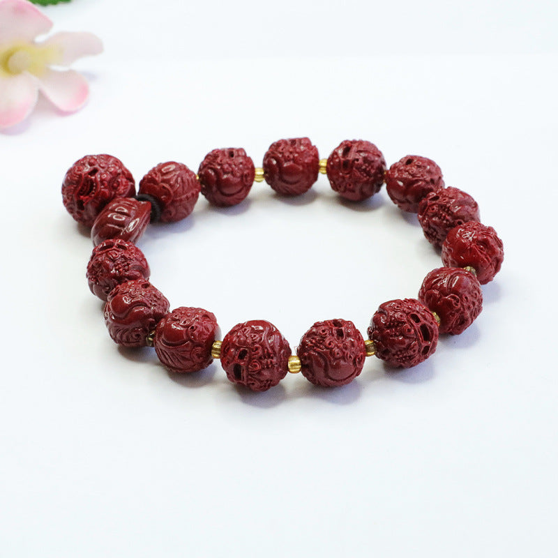 Cinnabar Pixiu Round Bead Sterling Silver Bracelet