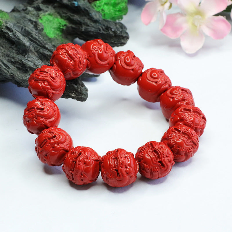 Red Sand Pixiu Head Sterling Silver Bracelet with Cinnabar Stone