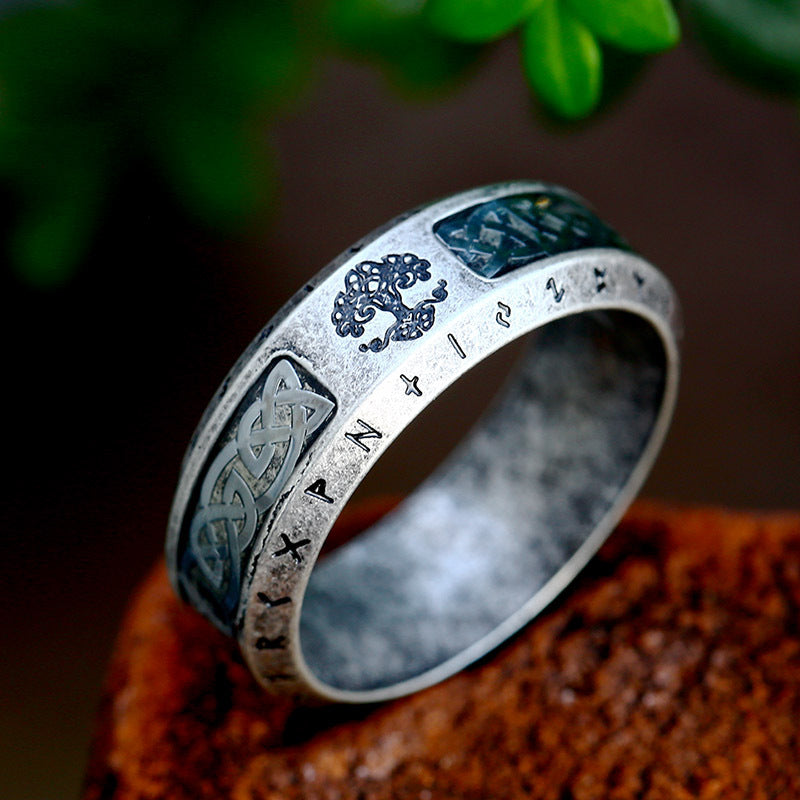 Nordic Viking Titanium Steel Ring with Retro Tree of Life Design for Men