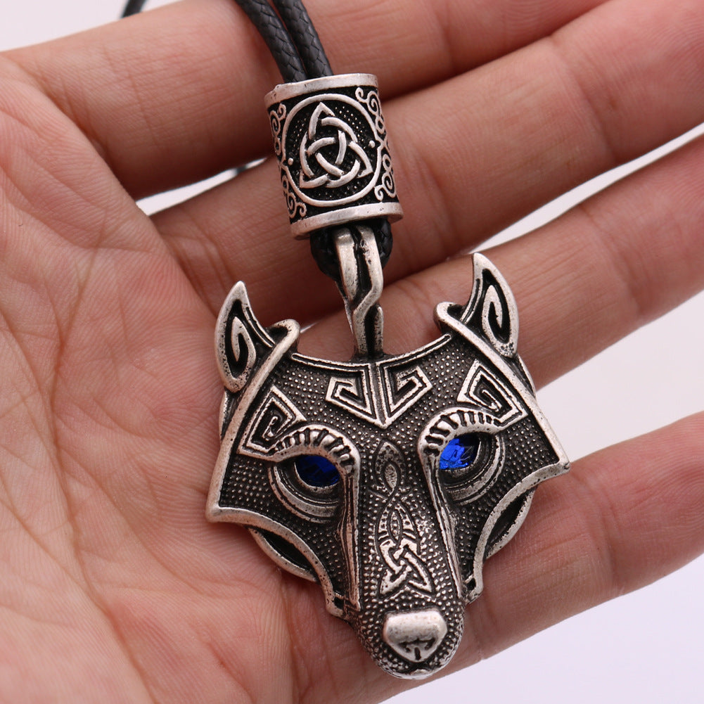 Viking Wolf Head Necklace with Celtic Knot Rune Beads for Men from Norse Legacy Collection