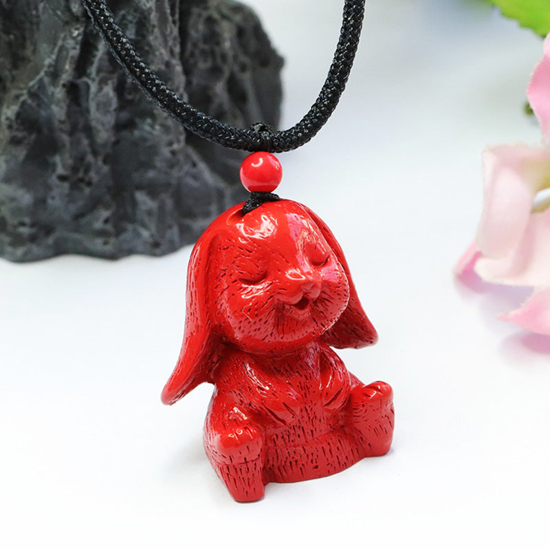 Vermilion Sand Rabbit Pendant with Cinnabar Stone - Sterling Silver Bunny Necklace