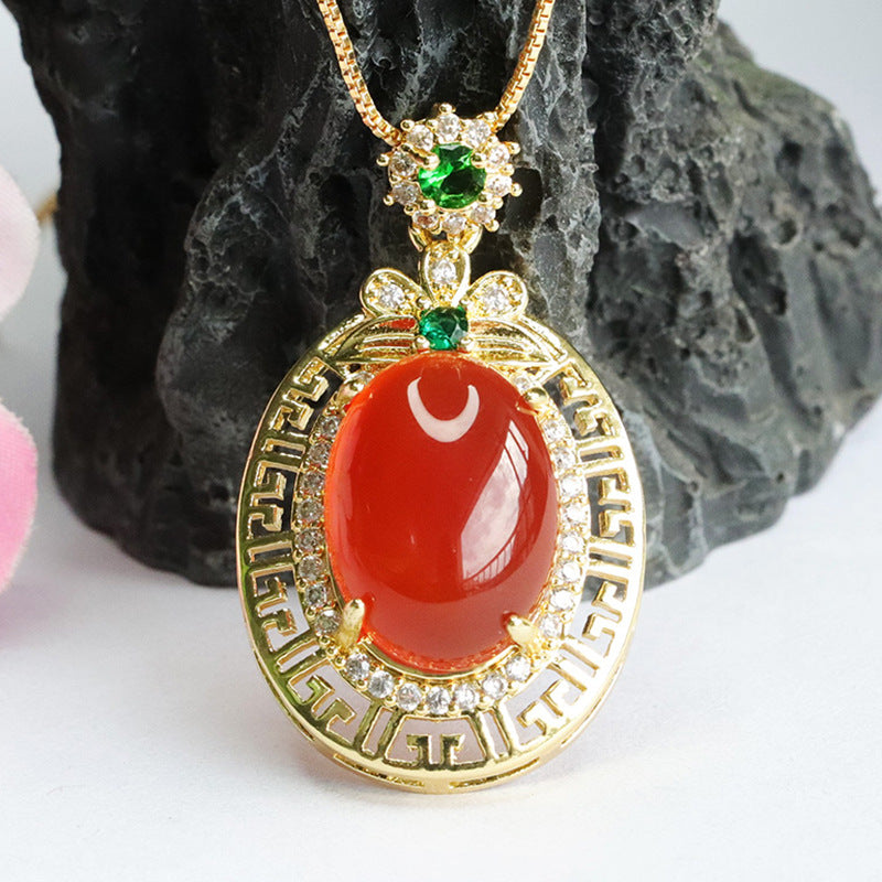 Pigeon Blood Red Agate Clover Zircon Pendant