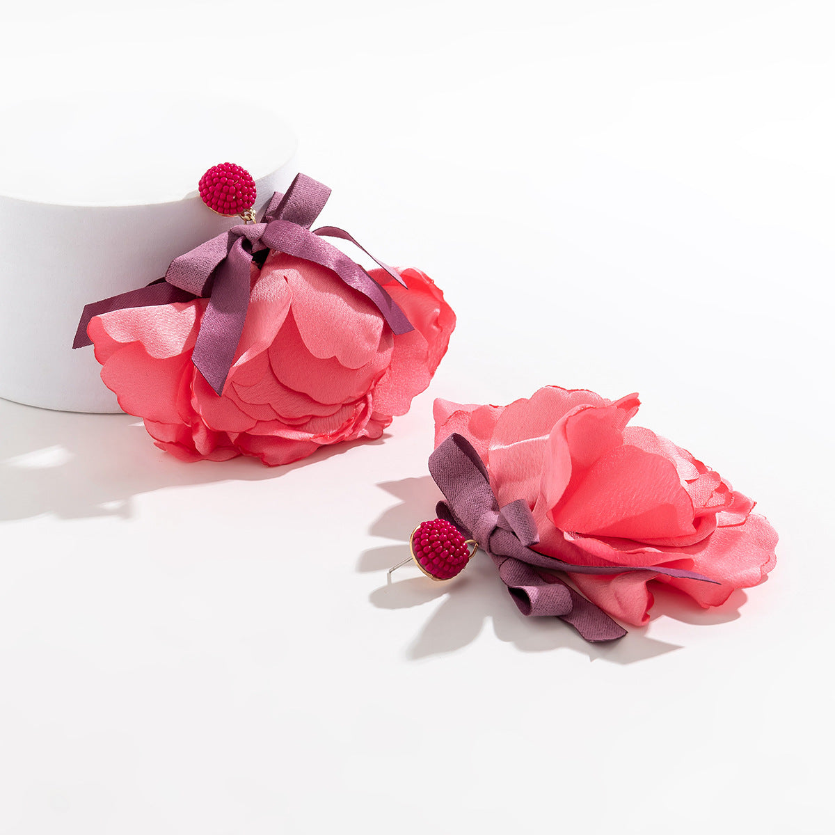 Elegant Rose Bow Earrings with Handmade Fabric Design