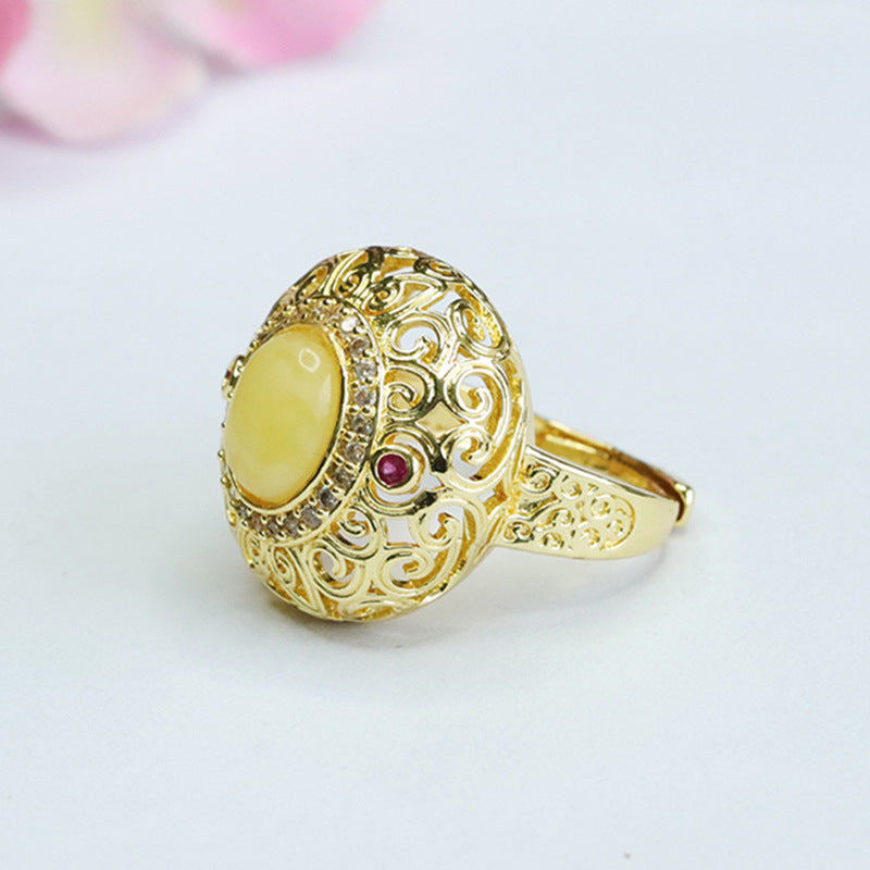 Auspicious Cloud Sterling Silver Ring with Beeswax Amber