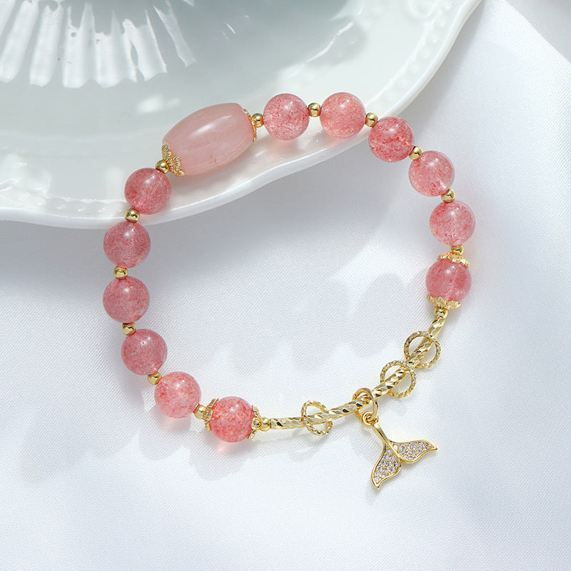 Whale Ripples Natural Strawberry Crystal Bracelet with Pink Crystal Bucket Bead Movement Hand Strand Jewelry