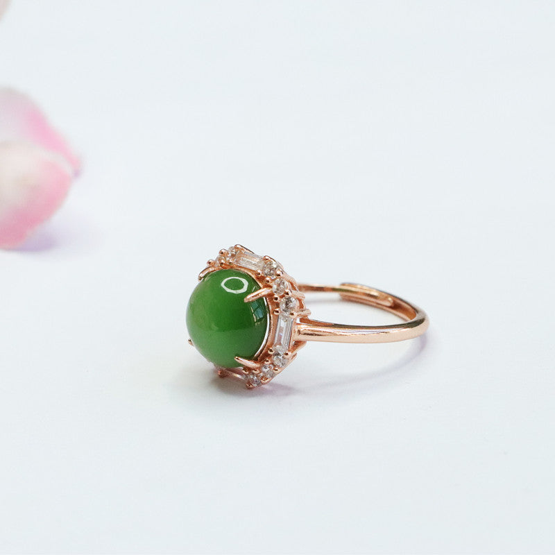 Hetian Jade and Jasper Silver Ring with Zircon Accents