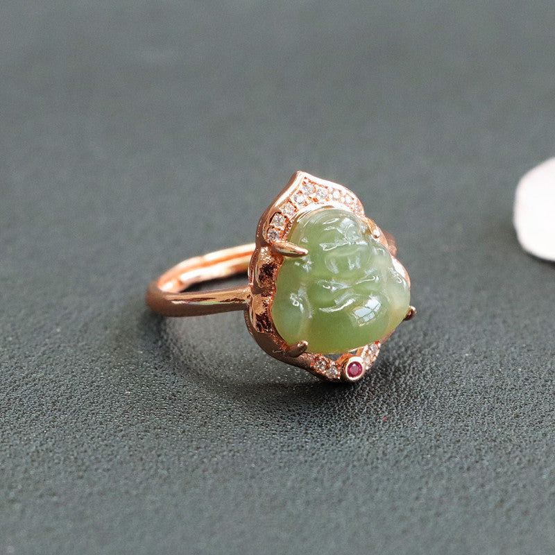 Fortune's Favor Sterling Silver Jade Buddha Ring With Zircon Jewelry