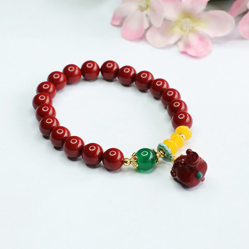 Fortune's Favor Cinnabar and Gold Sand Lucky Cat Bracelet for Women