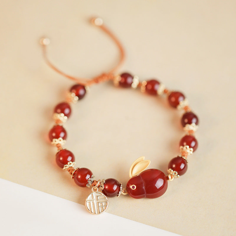 Lucky Rabbit Red Agate Bracelet - Handcrafted Sterling Silver Retro Chinese Style