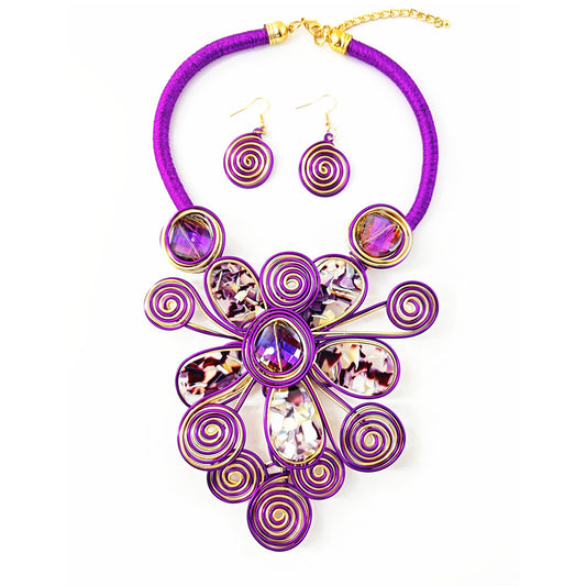 Exaggerated Handmade Baroque Style Aluminum Wire Plate Necklace and Earring Set- Savanna Rhythms Collection