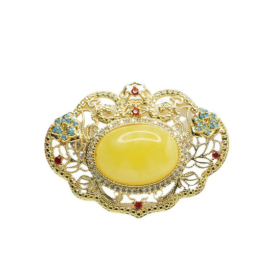 Golden Ruyi Beeswax Amber Pendant with Sterling Silver Necklace