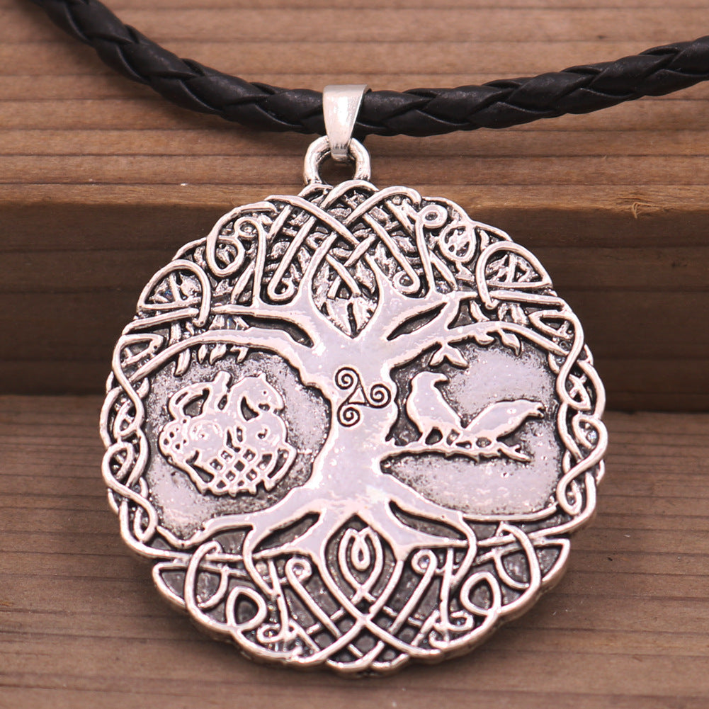 Cross Continental Viking Odin Talisman Necklace with Tree of Life Crow Design for Men, Fashionable Accessory in Europe and America