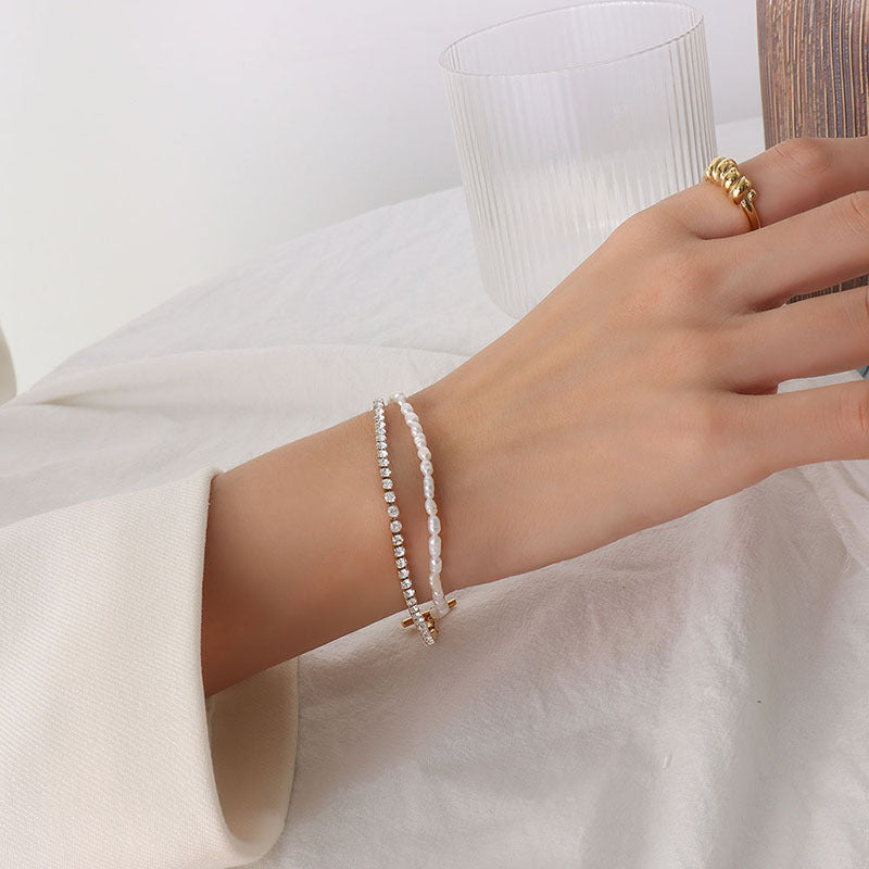 Double Layer Freshwater Pearl and Zircon 18K Gold Bracelet for Women