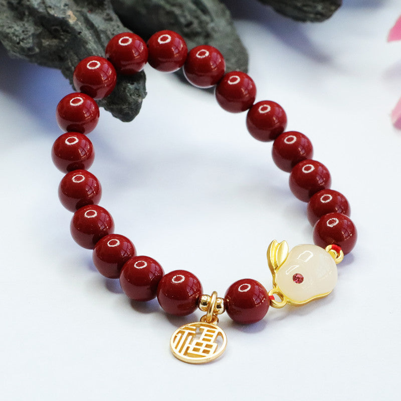 Purple Gold Sand Rabbit Jade Cinnabar Stone Bracelet - Sterling Silver