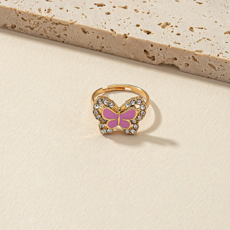 Pink Butterfly Charm Ring - Elegant European Style