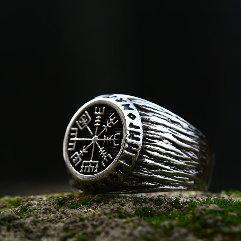 Titanium Steel Viking Compass Ring for Men - Retro Stainless Steel with Old Viking Letter Design