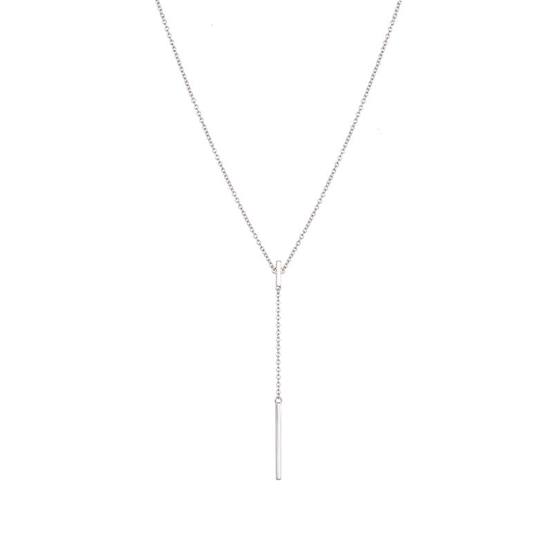 Simple Rectangle Stripe Pendant Tassel Silver Necklace