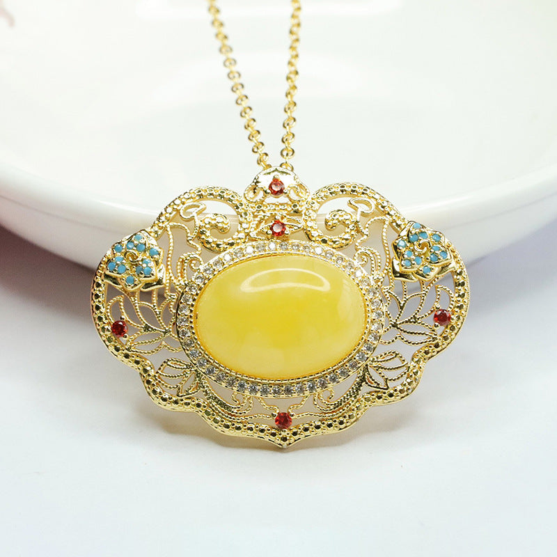 Golden Ruyi Beeswax Amber Pendant with Sterling Silver Necklace