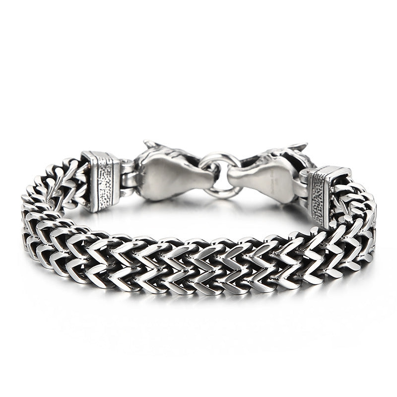 Woven Double-Row Fish Scale Bracelet with Retro Wolf Head Design for Men