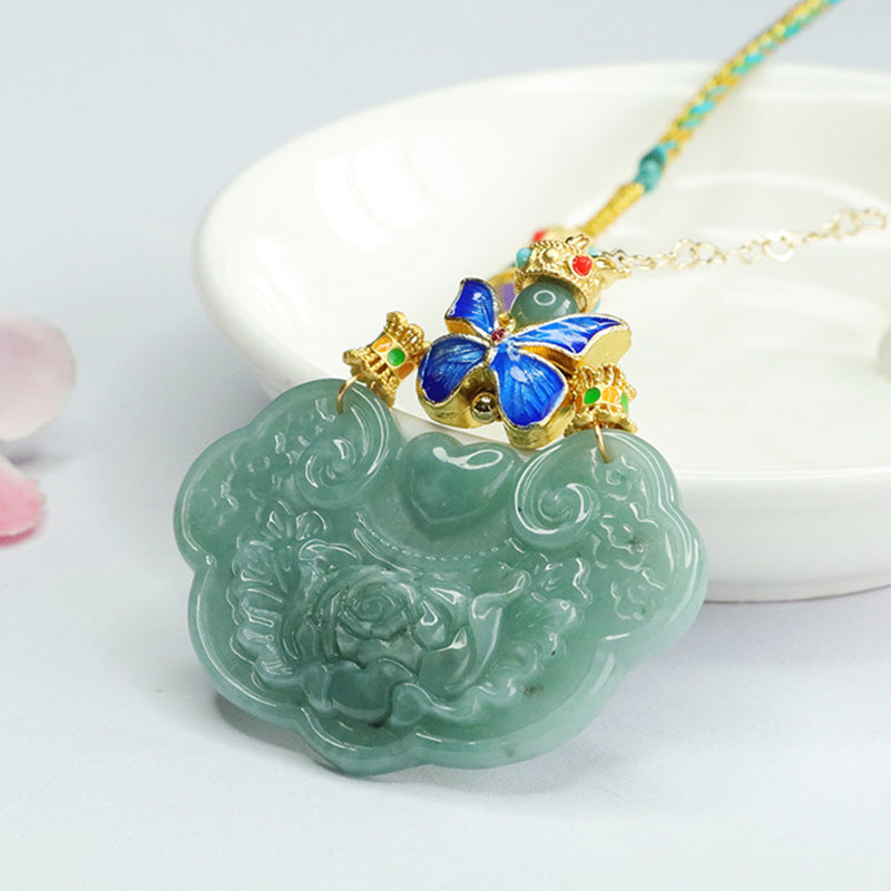 Natural Blue Green Jade Pendant Jade Ruyi Lock Pendant Colourful Necklace