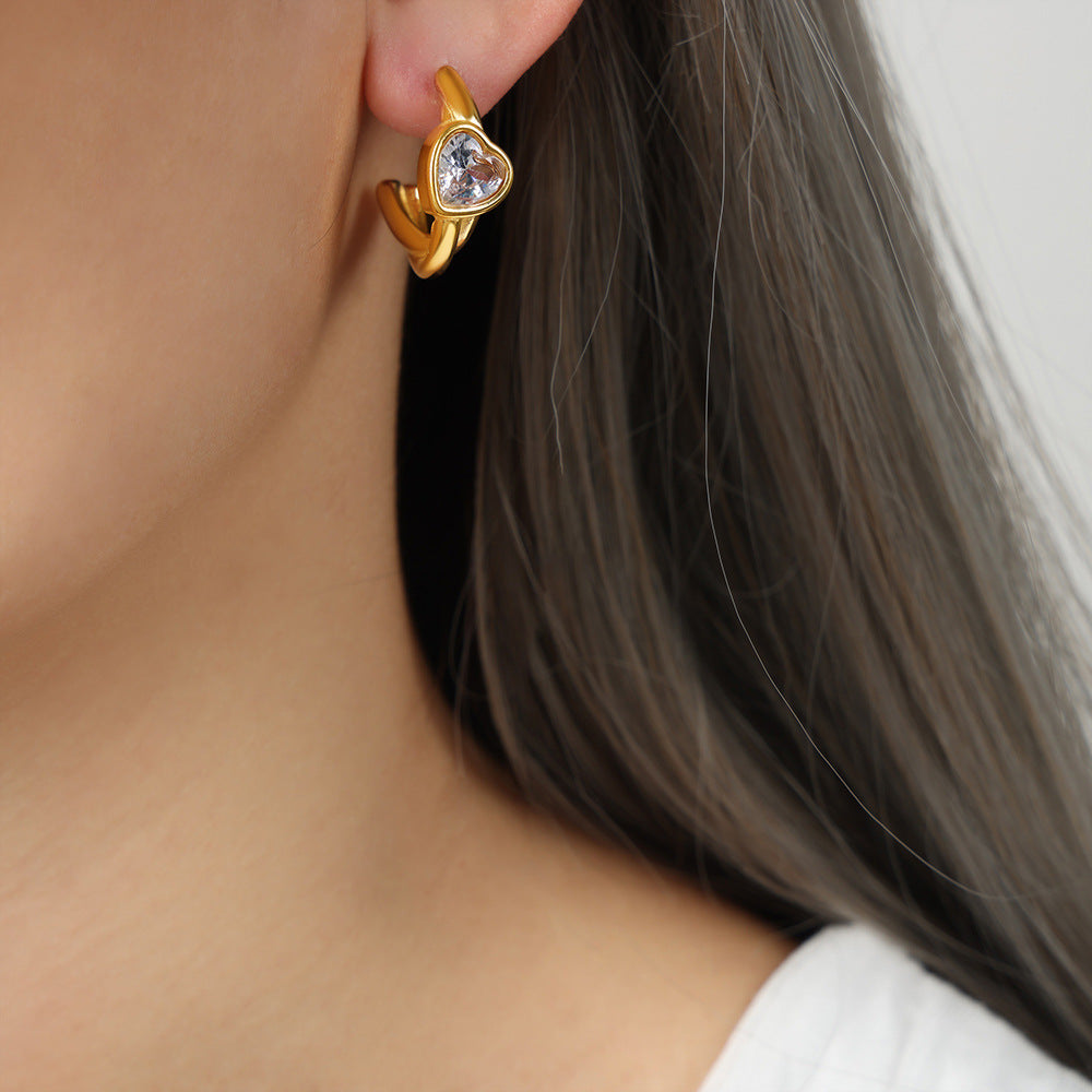 Golden Heart Zircon Earrings - Trendy Titanium Design