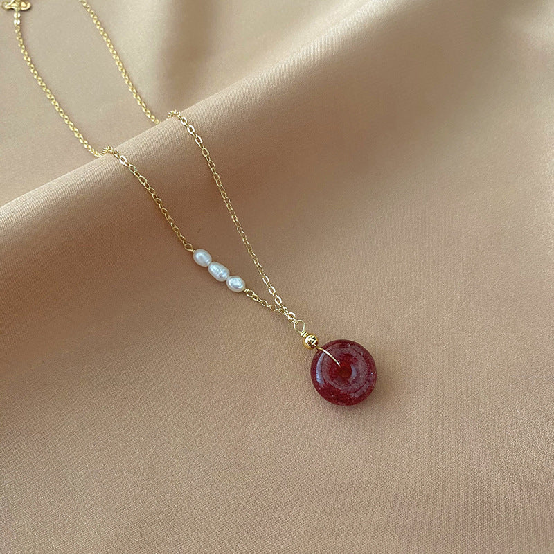 Strawberry Crystal Peace Necklace with Gold Plated Lock and Freshwater Pearl Splice