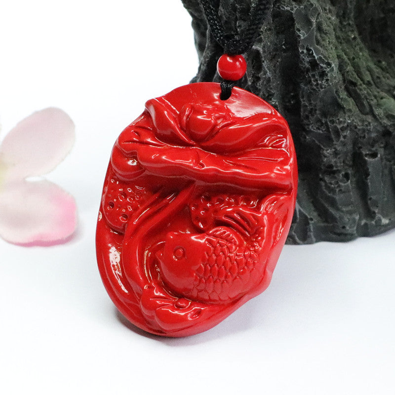 Cinnabar Lotus Fish Pendant with Red Sand