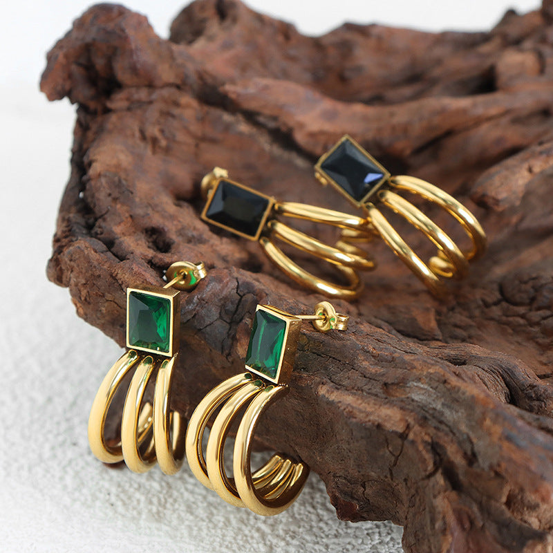 Green and Black Square C-Shaped Earrings with Titanium Gold-Plating - Fashion Jewelry for Women