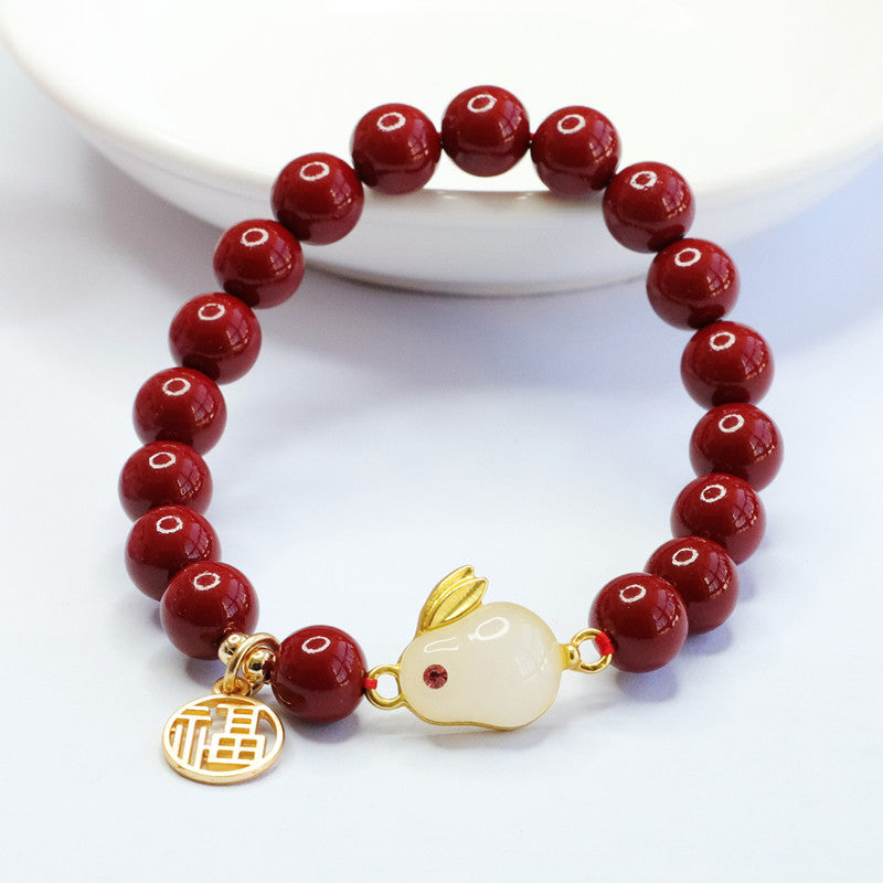 Purple Gold Sand Rabbit Jade Cinnabar Stone Bracelet - Sterling Silver