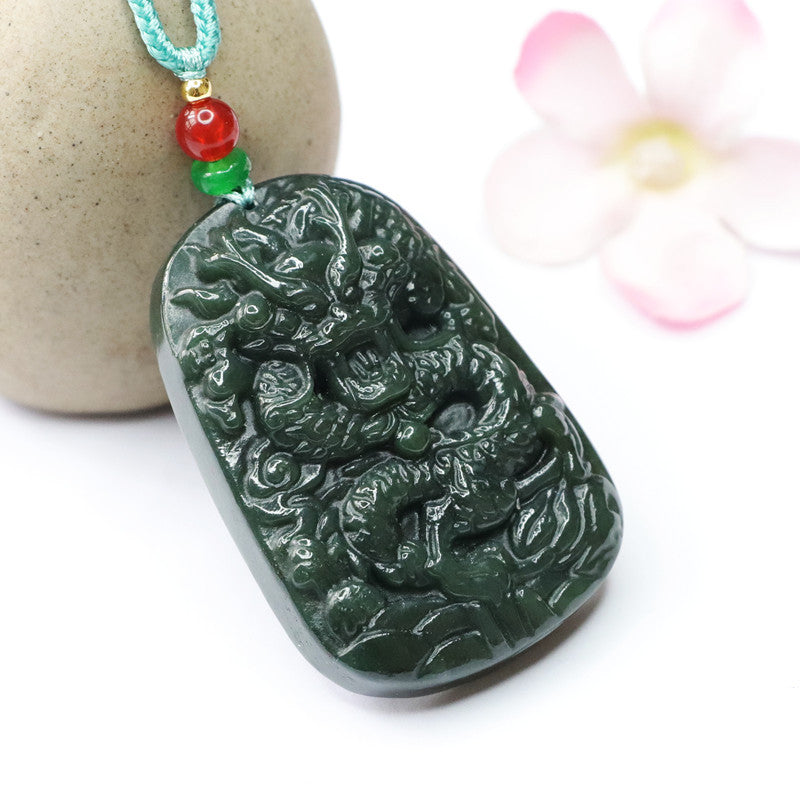 Dragon Rider Natural Black Green Hotan Jade Sterling Silver Necklace