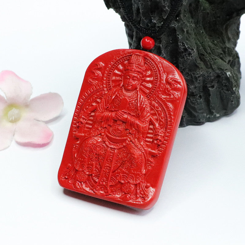 Red Sand Cinnabar Mazu Pendant - Exceptional Sterling Silver Jewelry Piece