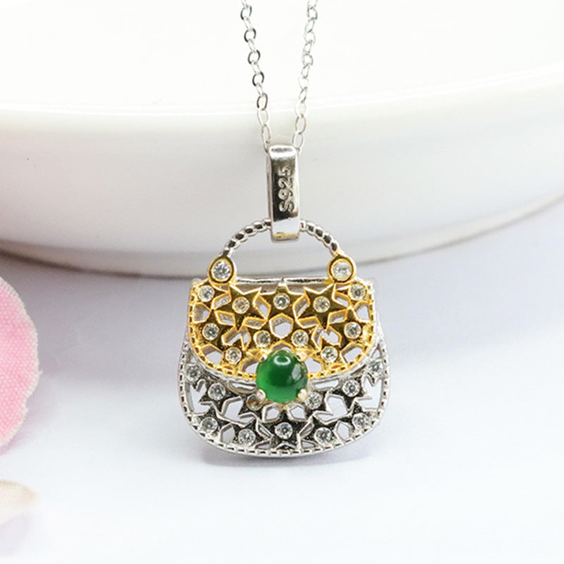 S925 Sterling Silver Jade Zircon Hollow Bag Necklace with Ice Emperor Green Jade