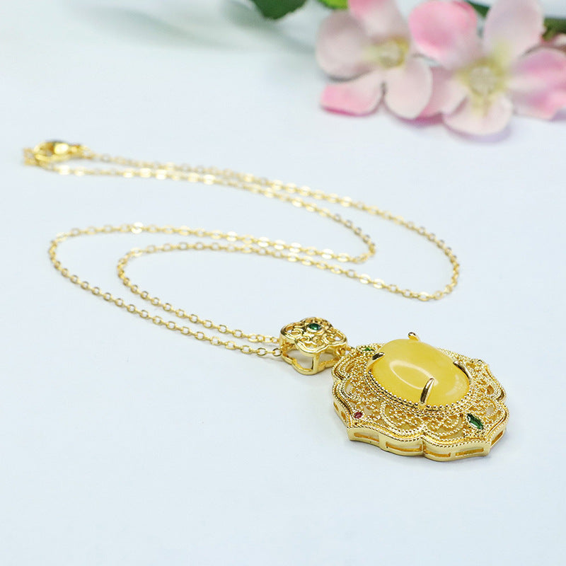 National Style Hollow Petal Sterling Silver Necklace With Beeswax Amber Gem