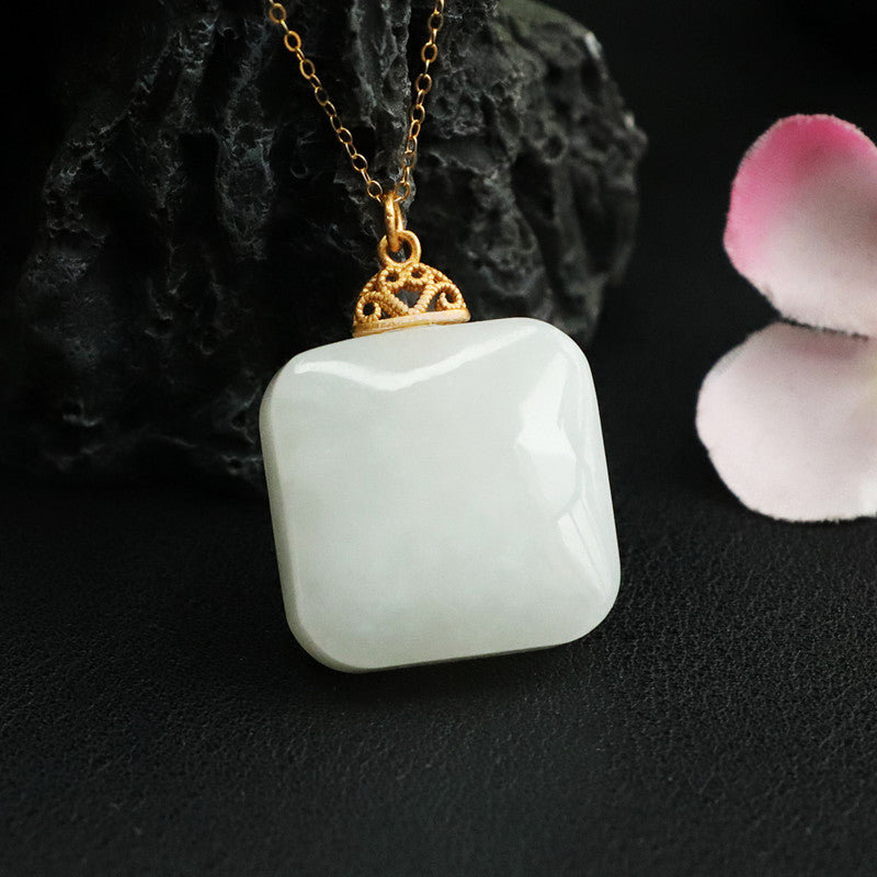 Sterling Silver White Jade Pendant Necklace with Hetian Jade Square Detail