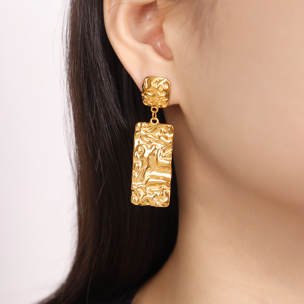 European Retro Design Gold-Plated Square Pleated Earrings for Women