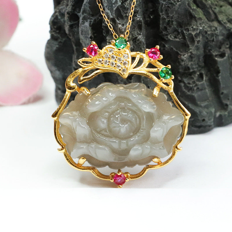 Purple Smoke Peony Flower Necklace with Natural Hetian Jade and Colorful Zircon