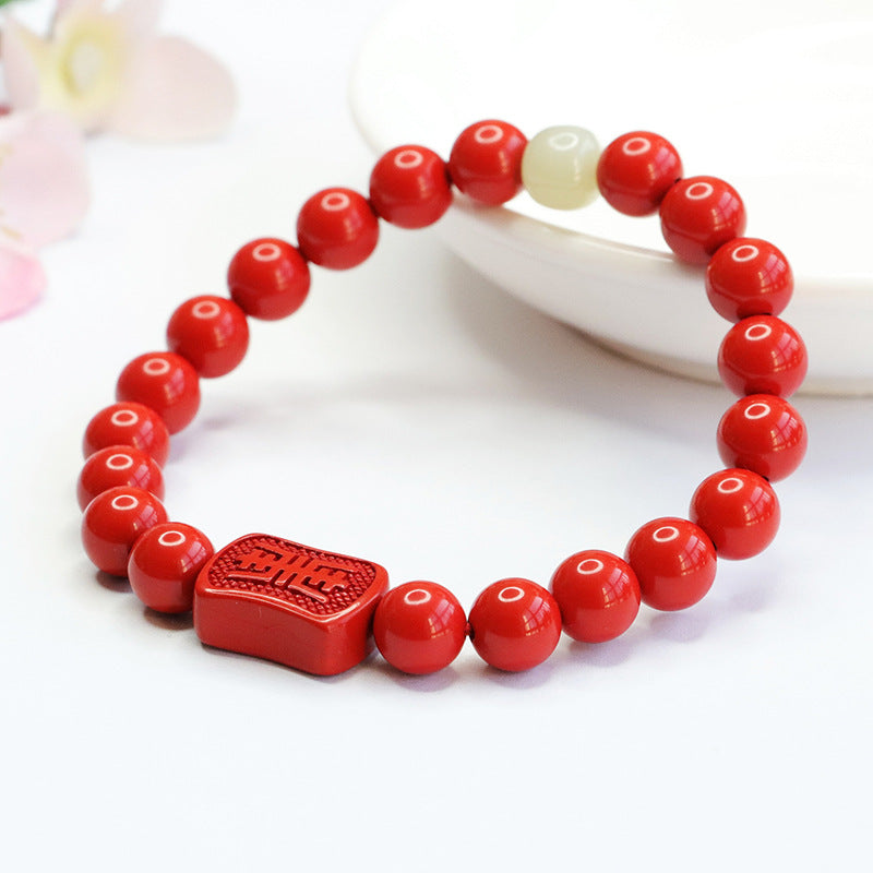 Cinnabar Red Sand Tai Sui Hand String Bracelet with Hotan Jade