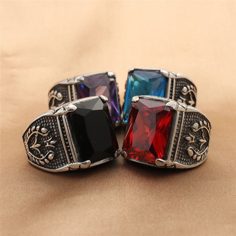 Trendy Multi-Color Zircon Titanium Steel Square Ring for Men and Women