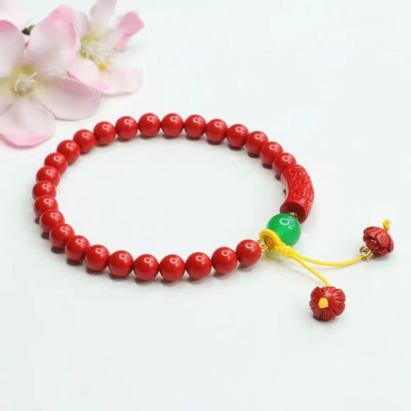 Red Lotus Cinnabar Bracelet with Sterling Silver Beads