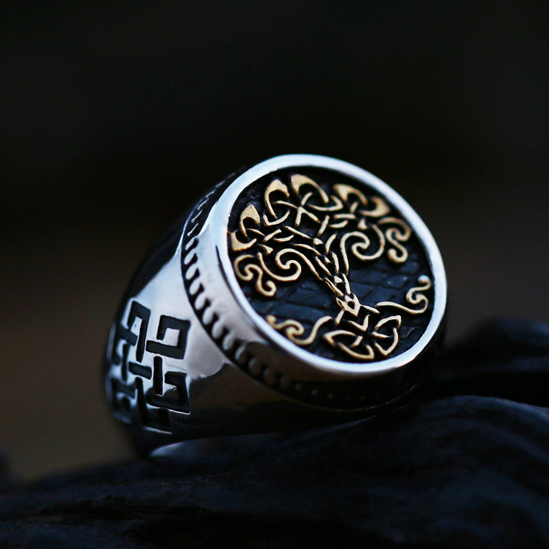 Retro Titanium Steel Open Ring for Men - European and American Inspired Life Tree Design