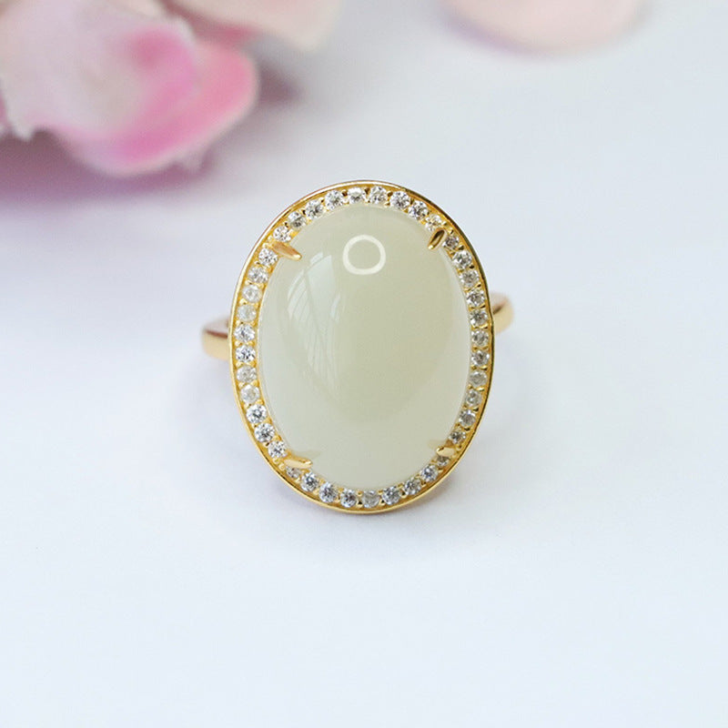 Hetian Jade Oval Sterling Silver Ring