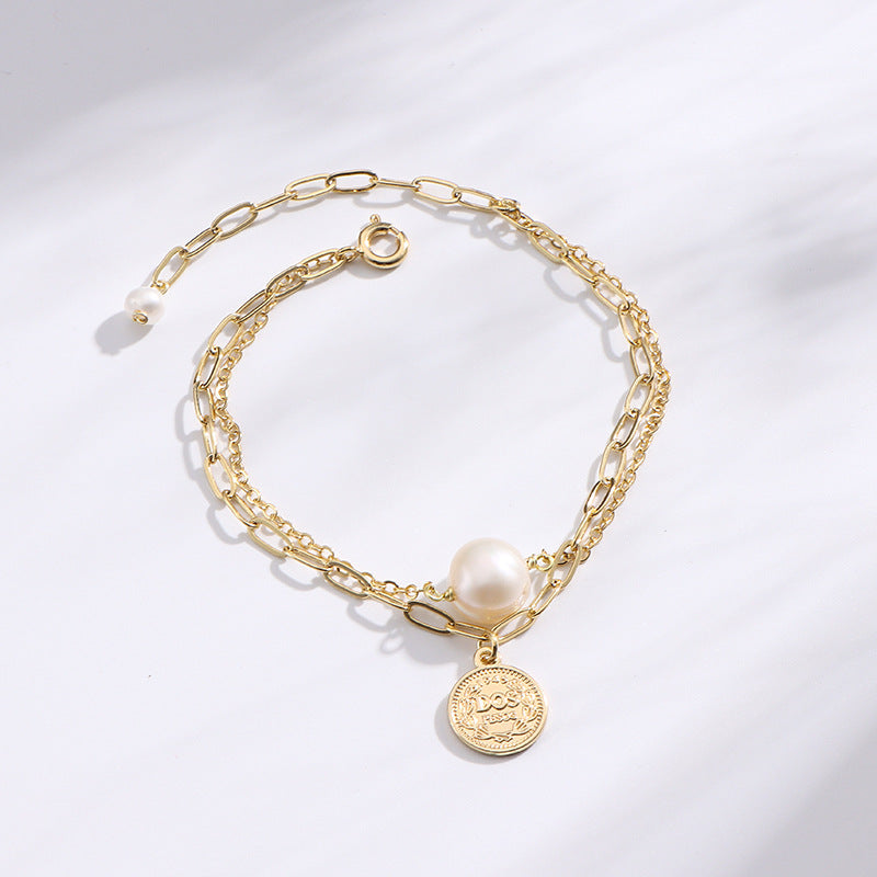 Luxurious Double-Layer Pearl Bracelet with Sterling Silver Chain