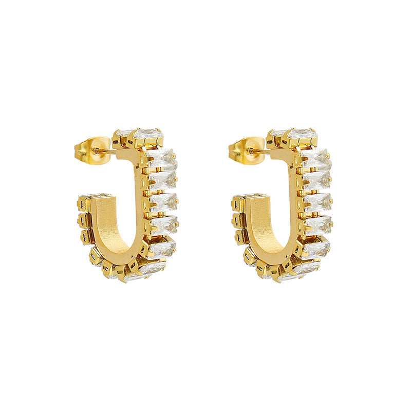 Niche U-Shaped Zircon Earrings Set with Titanium Steel Jewelry - Elegant Women's Banquet Style